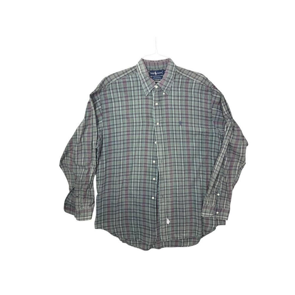 Ralph Lauren Mens XL Plaid Button Down Shirt Green Burgundy Long Sleeve Cotton